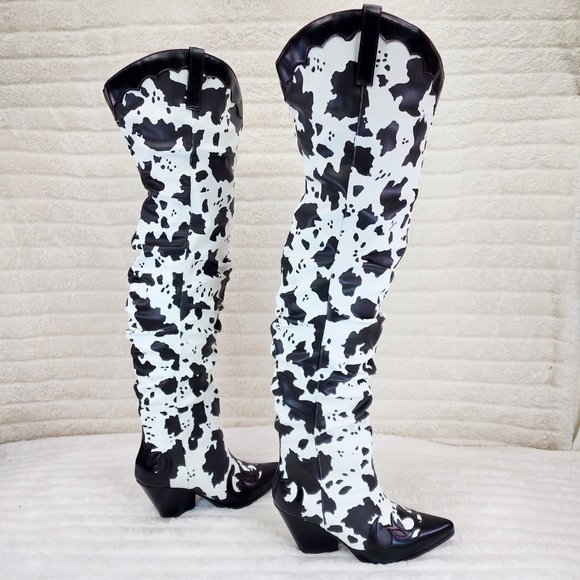 Western White & Black Cow Print OTK Thigh High Slouch Cowboy Boots - Picture 6 of 13